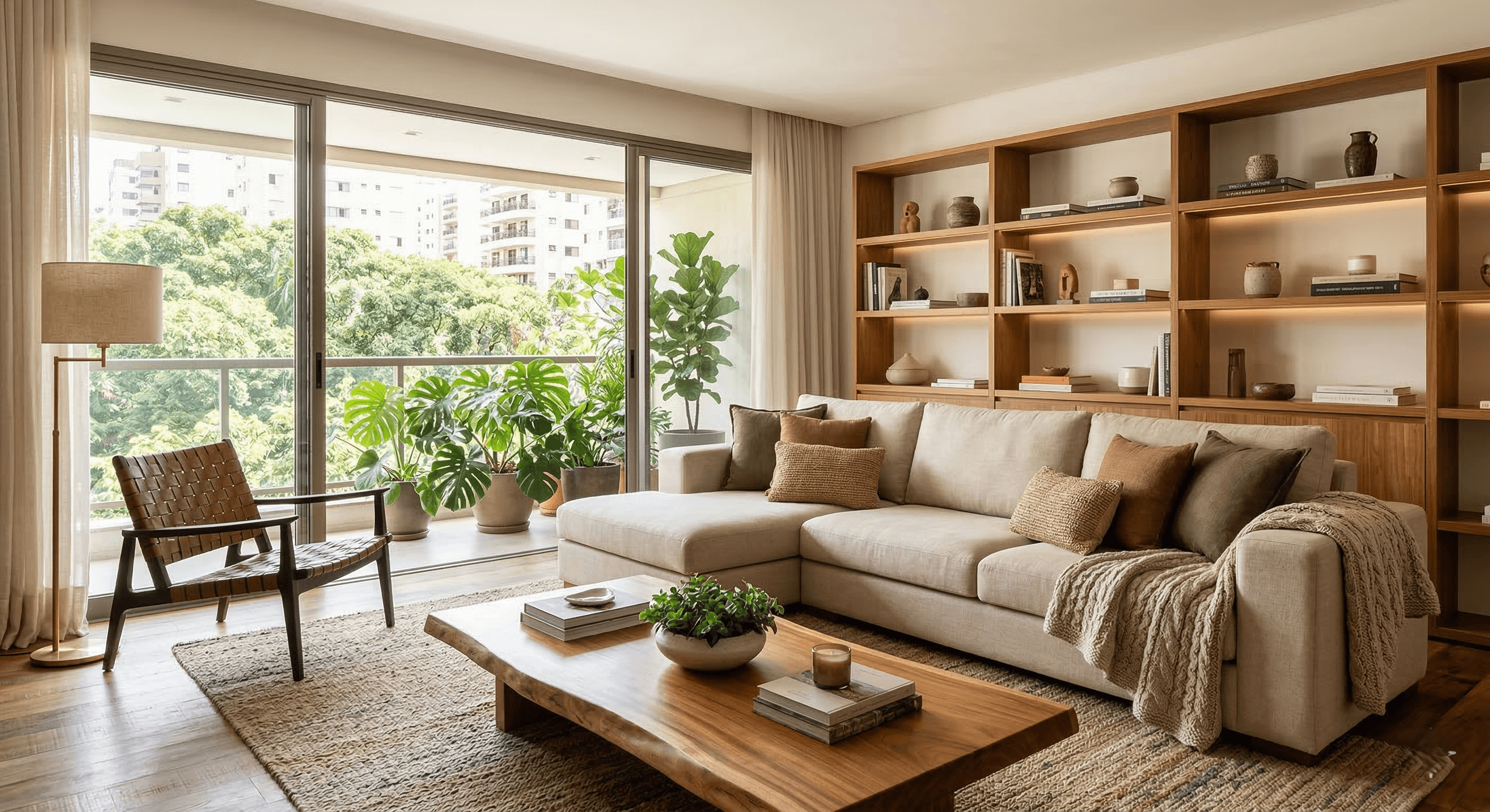 Sala de estar com sofá bege e detalhes em madeira natural